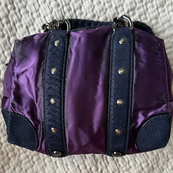 Henri Bendel Purple satin bag with Navy Blue and silver accents - Picture 4 of 16